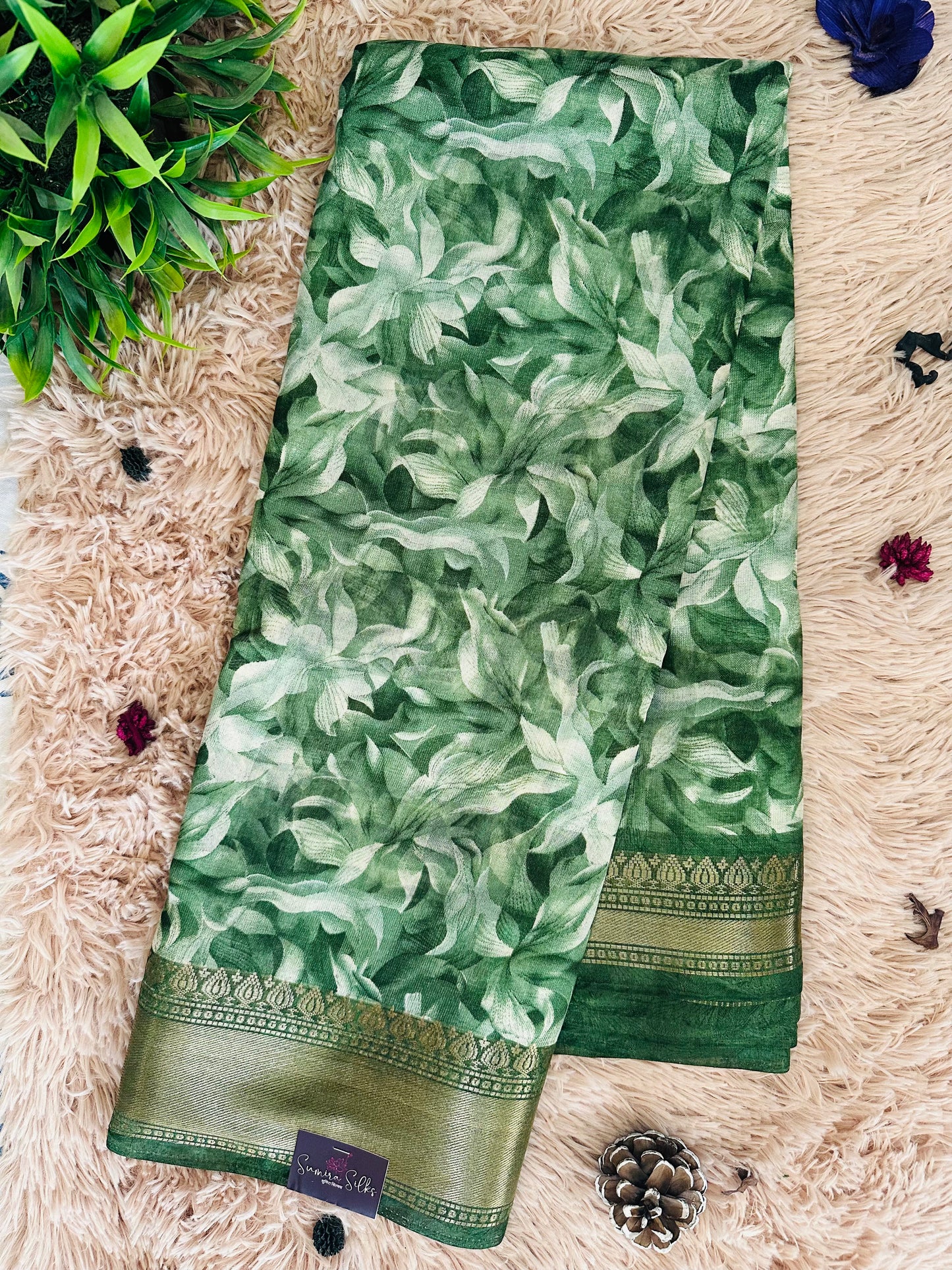 Green Floral Silk Saree with Zari Border