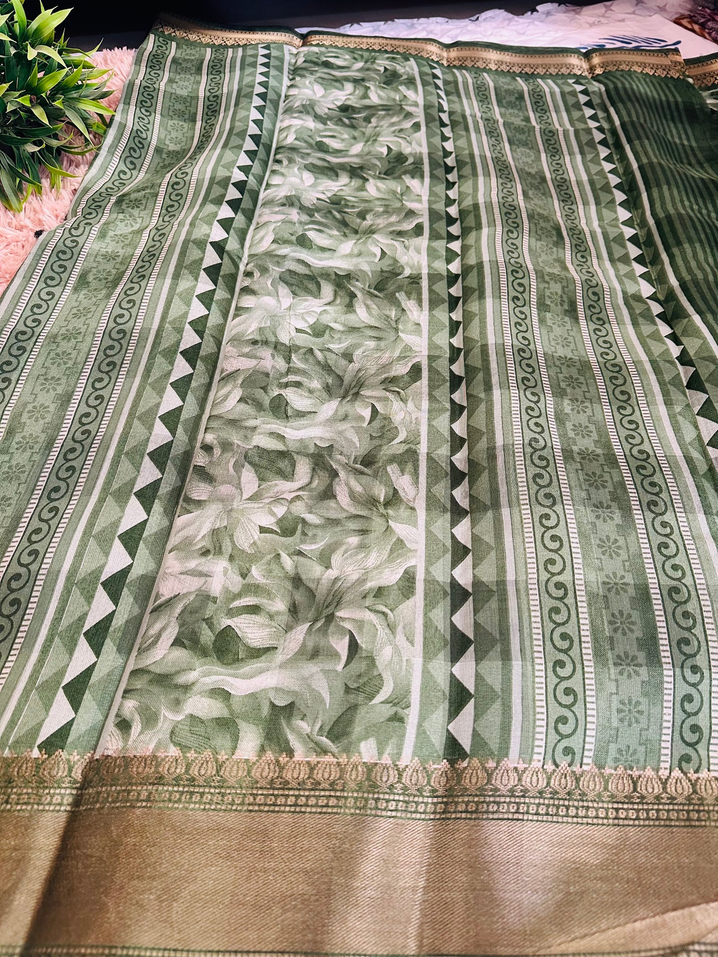 Green Floral Silk Saree with Zari Border