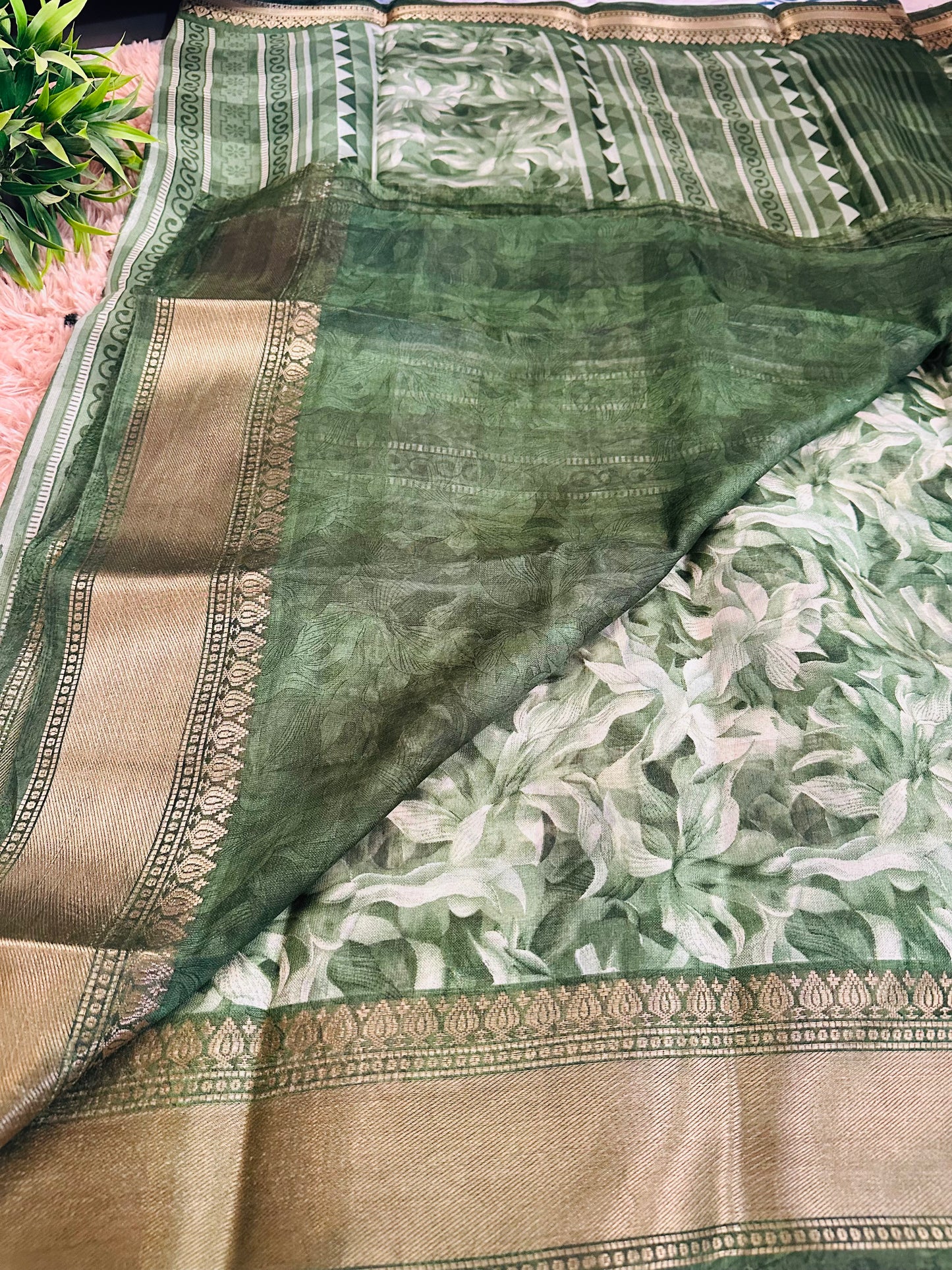 Green Floral Silk Saree with Zari Border