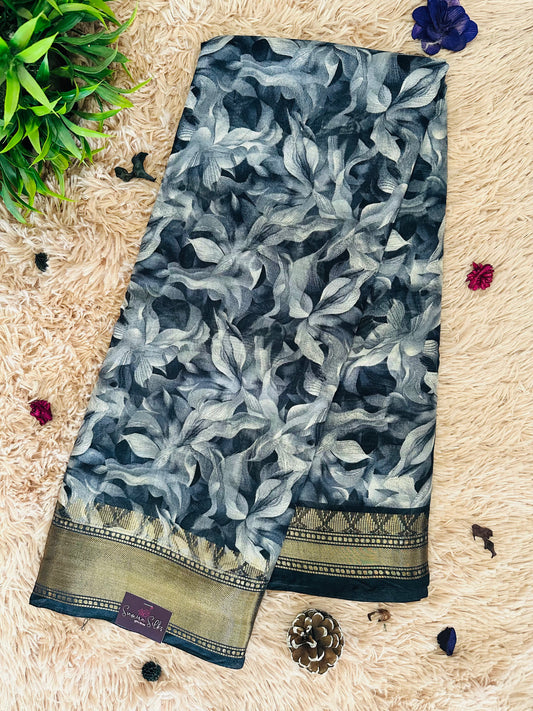 Grey Floral Silk Saree with Zari Border