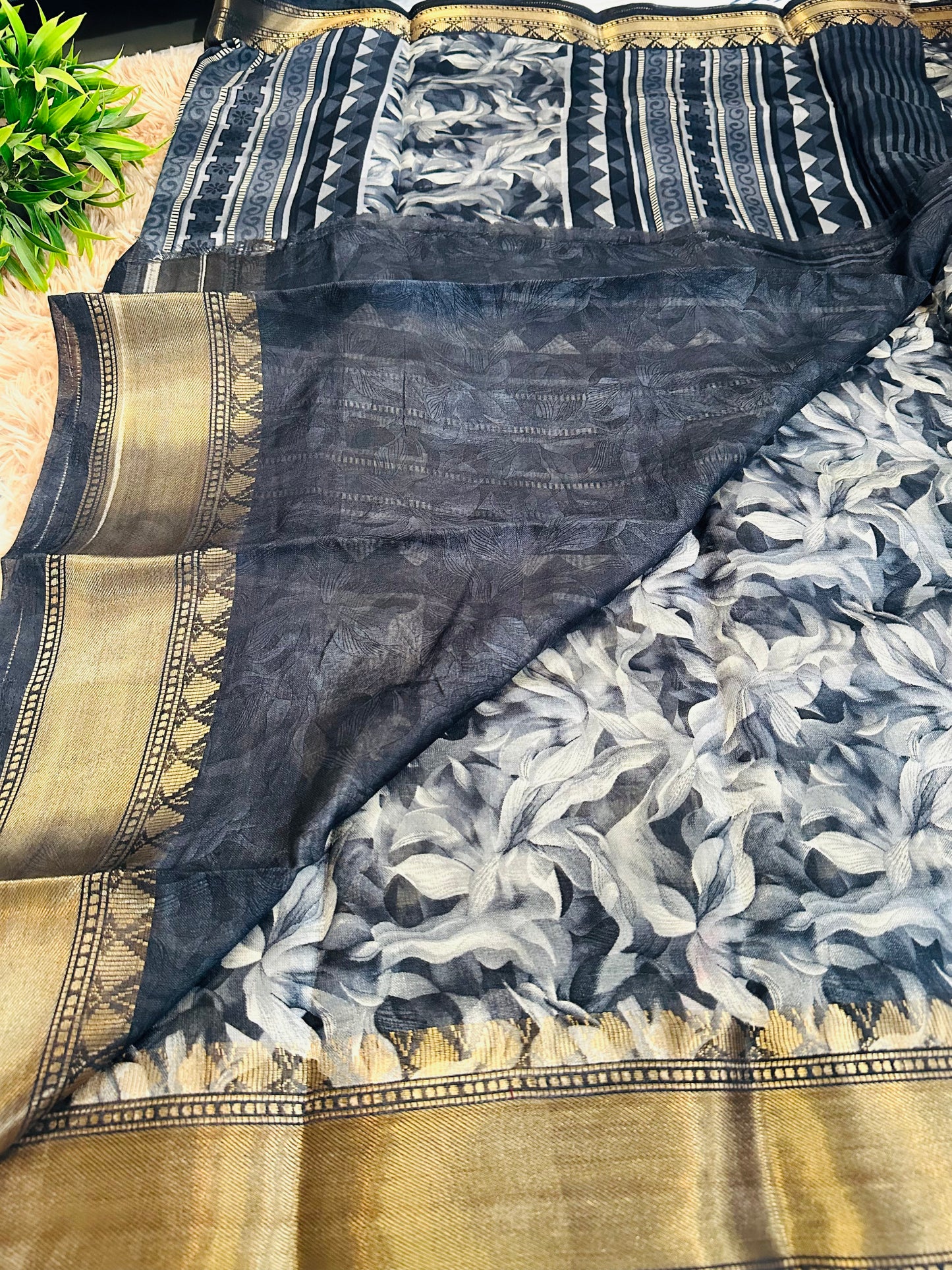 Grey Floral Silk Saree with Zari Border