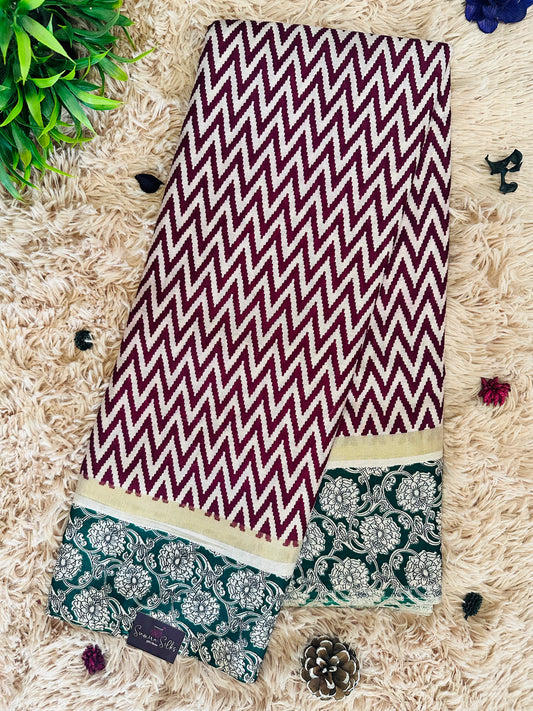 Wine Chirala Cotton Printed Saree with Kalamkari Border