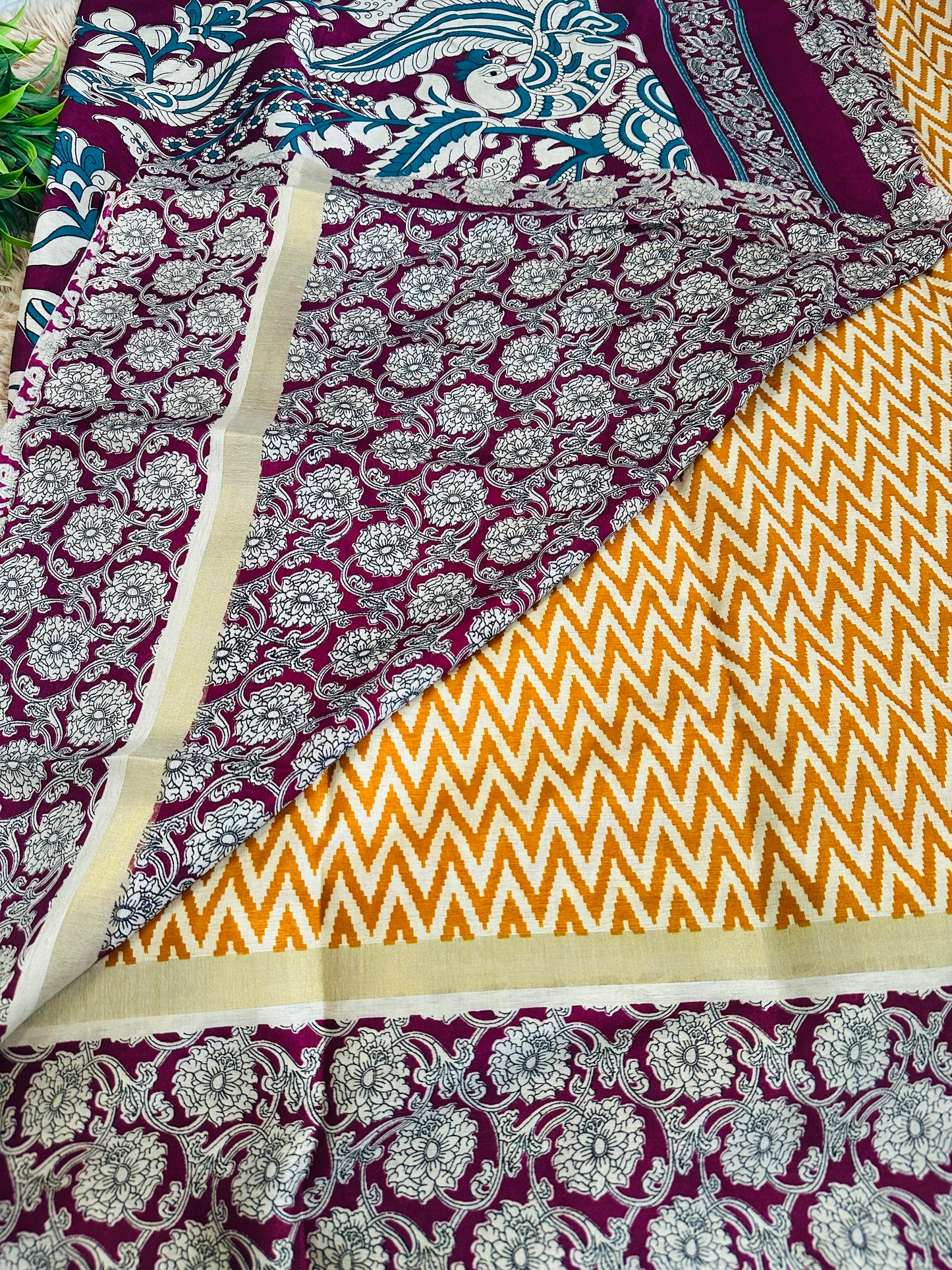 Mustard Chirala Cotton Printed Saree with Kalamkari Border