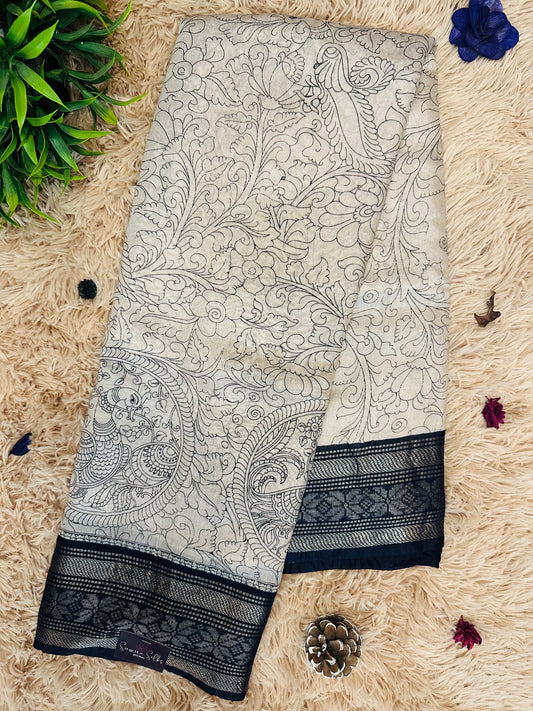 Kalamkari Mul Cotton Saree with Dark Blue Zari Border