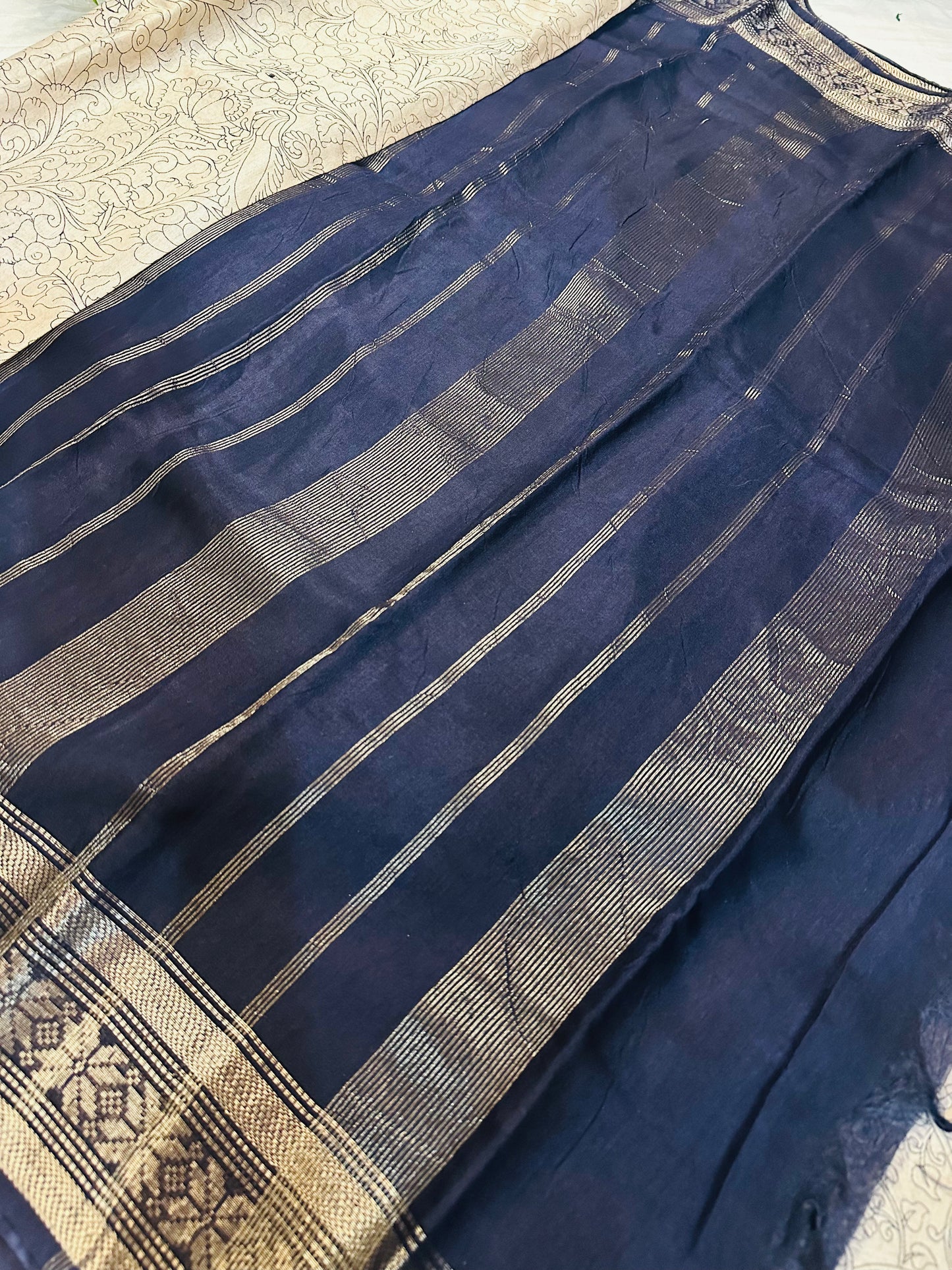 Kalamkari Mul Cotton Saree with Dark Blue Zari Border