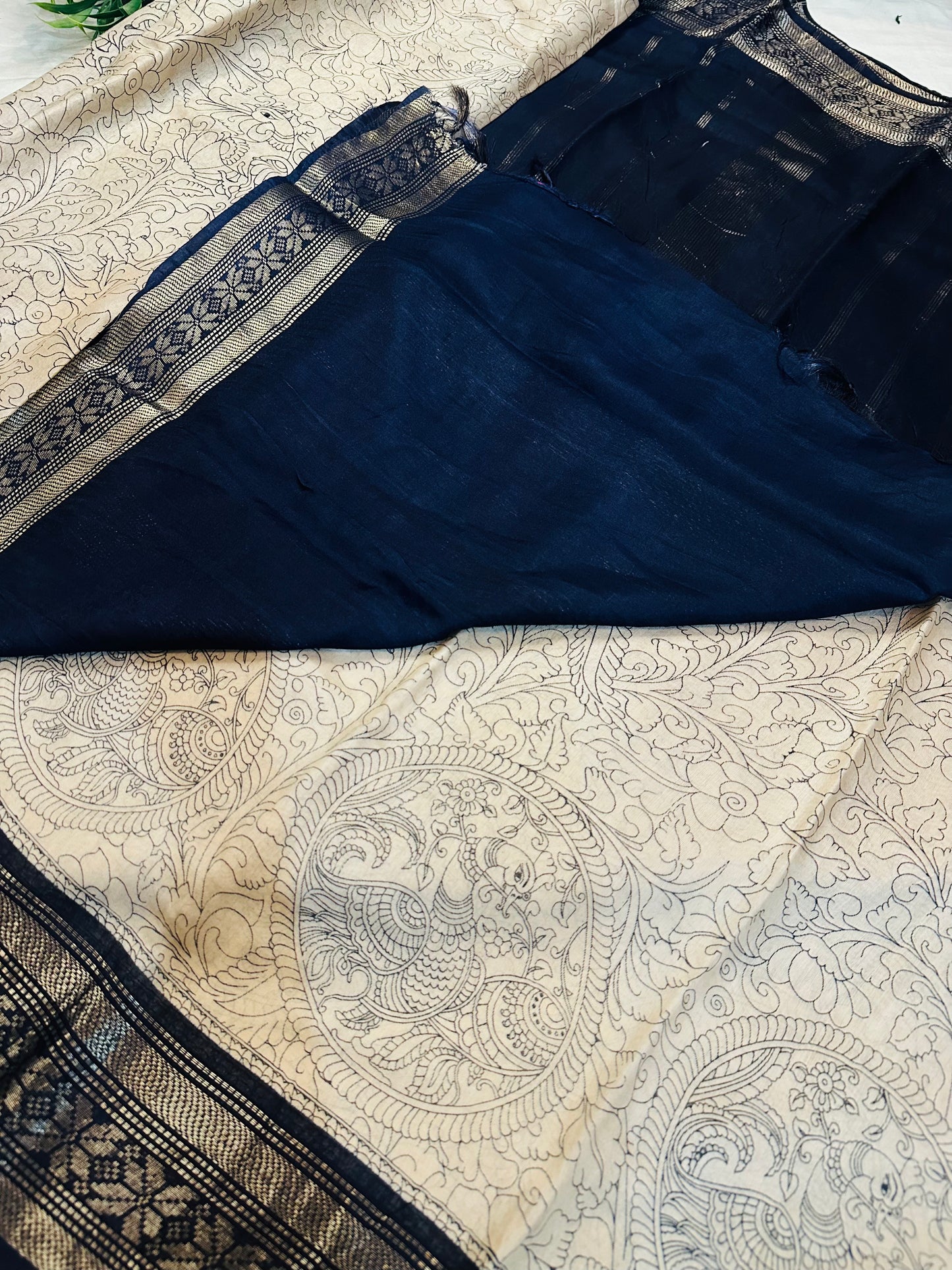 Kalamkari Mul Cotton Saree with Dark Blue Zari Border