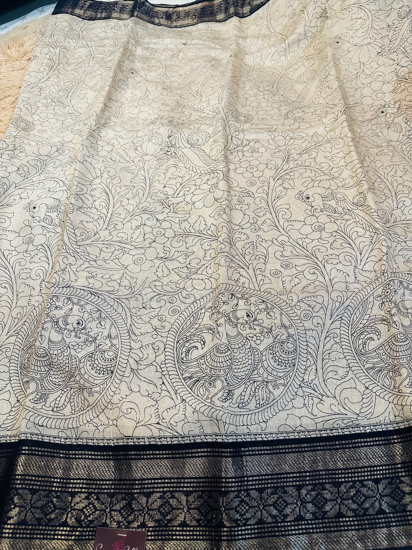 Kalamkari Mul Cotton Saree with Dark Blue Zari Border