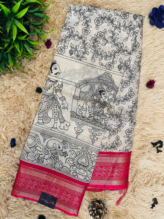 Kalamkari Mul Cotton Saree with Pink Zari Border