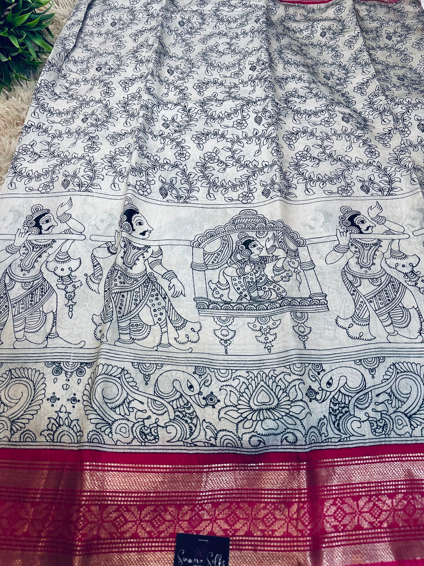 Kalamkari Mul Cotton Saree with Pink Zari Border