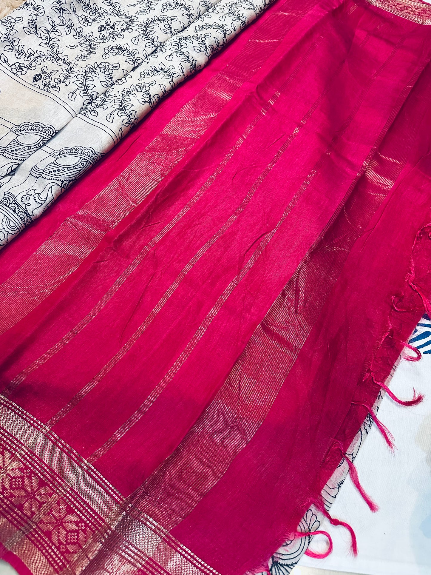 Kalamkari Mul Cotton Saree with Pink Zari Border