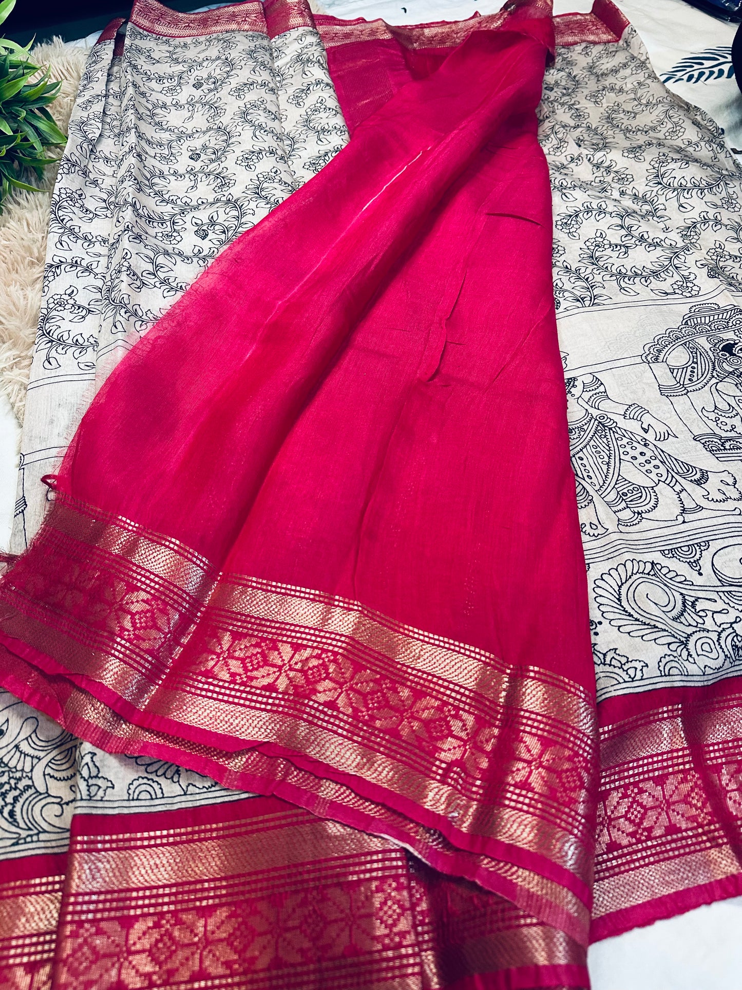 Kalamkari Mul Cotton Saree with Pink Zari Border