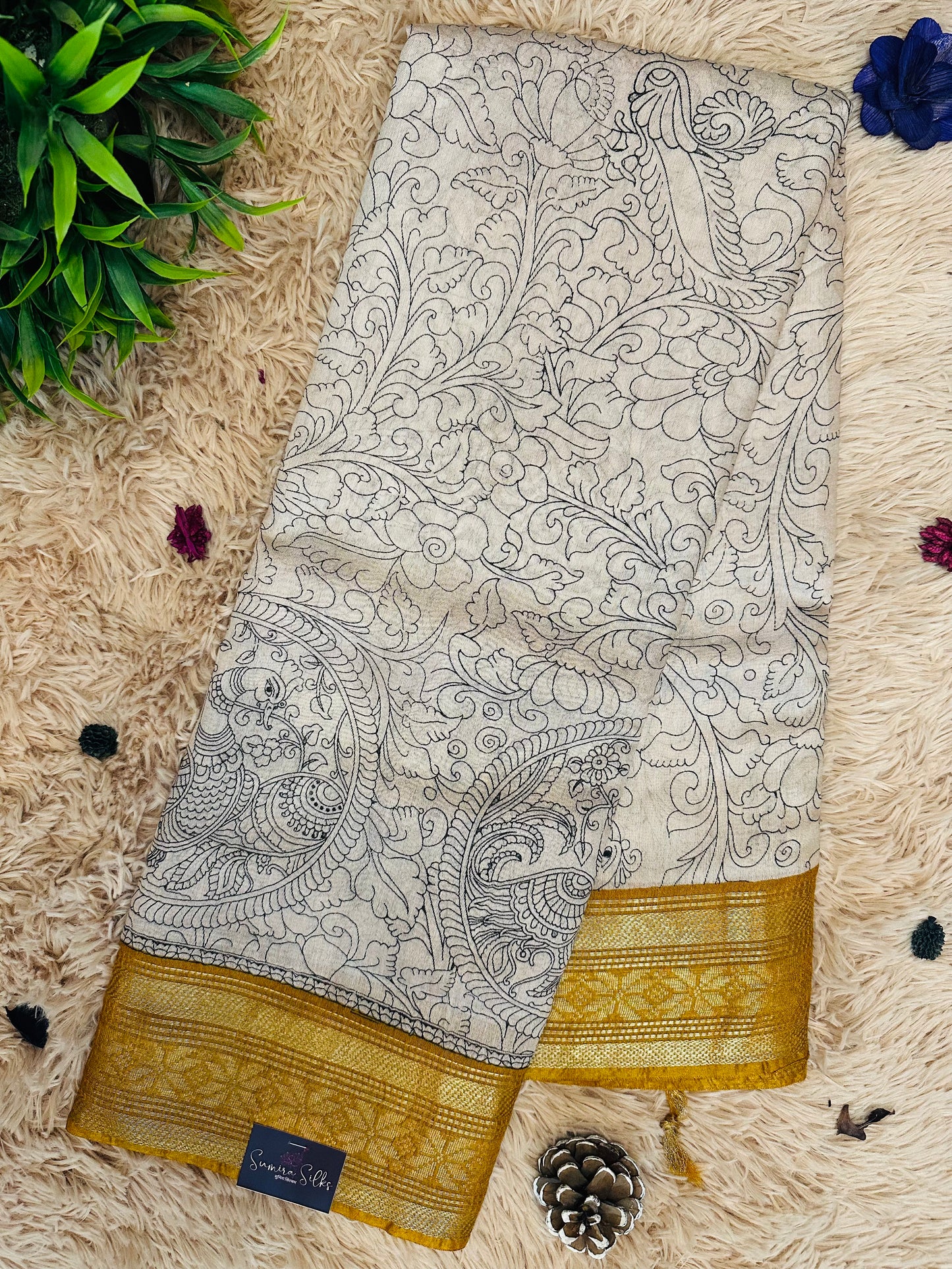 Kalamkari Mul Cotton Saree with Mustard Zari Border