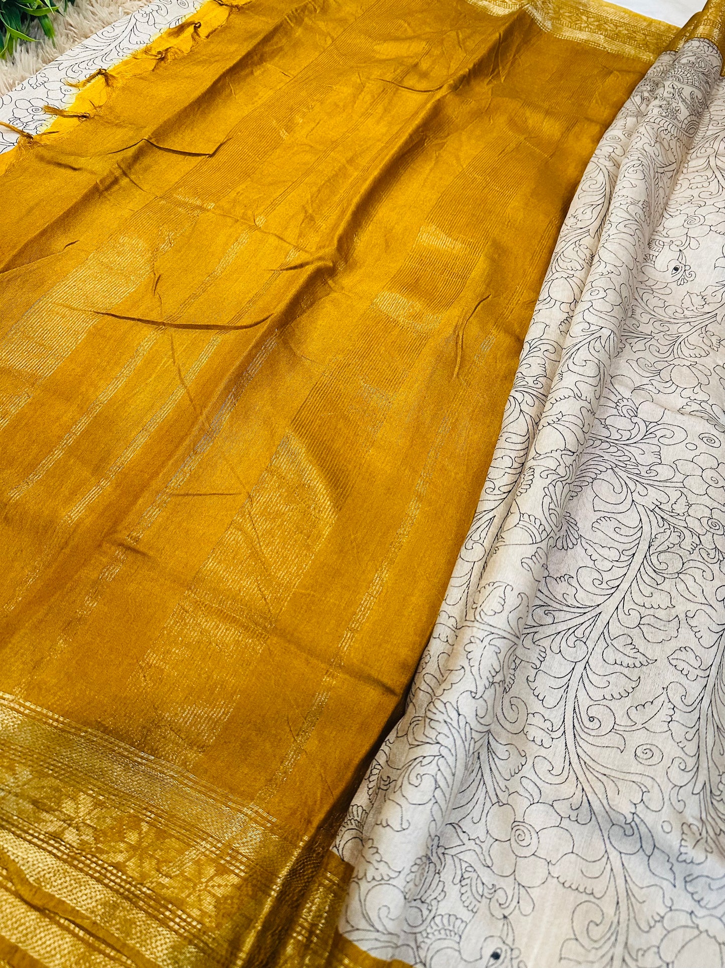 Kalamkari Mul Cotton Saree with Mustard Zari Border