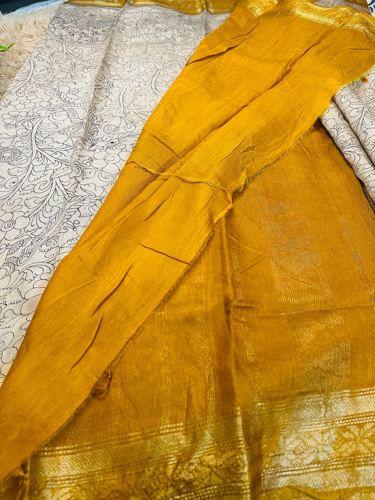 Kalamkari Mul Cotton Saree with Mustard Zari Border