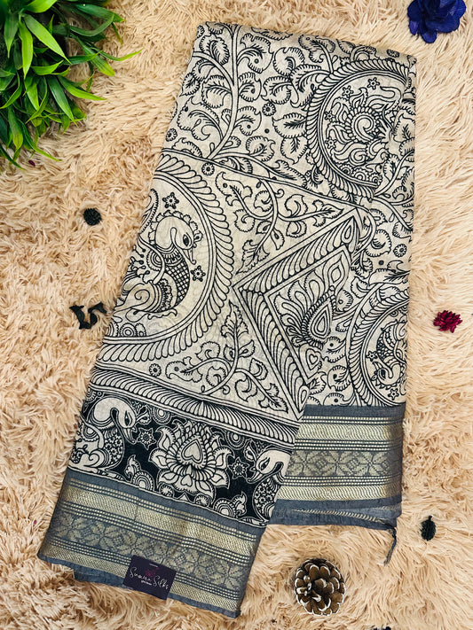 Kalamkari Mul Cotton Saree with Grey Zari Border