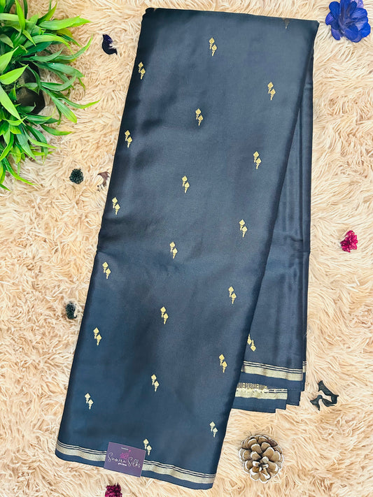 Black Gajji Silk With Zari Buttis(Motifs) Saree