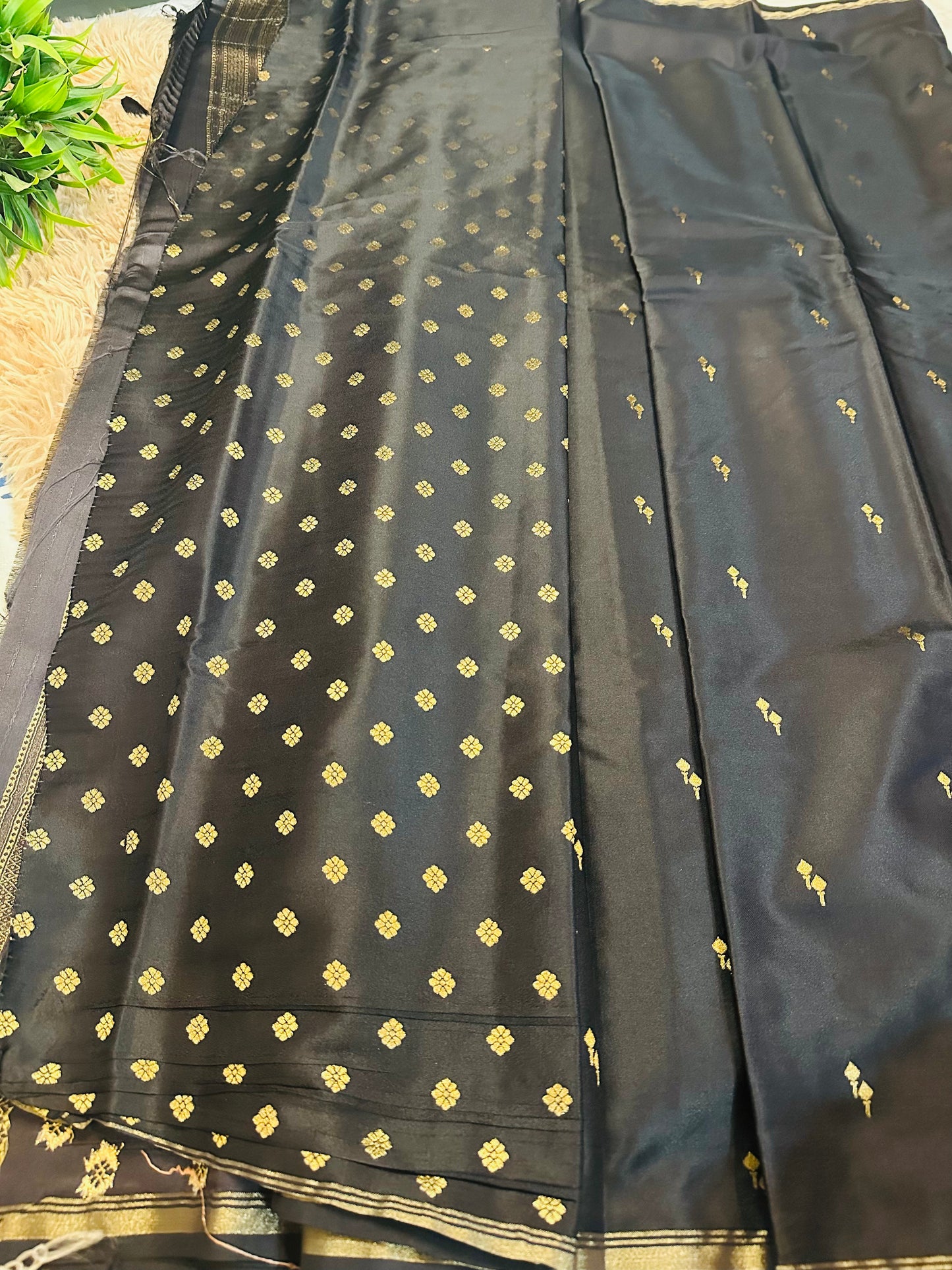 Black Gajji Silk With Zari Buttis(Motifs) Saree