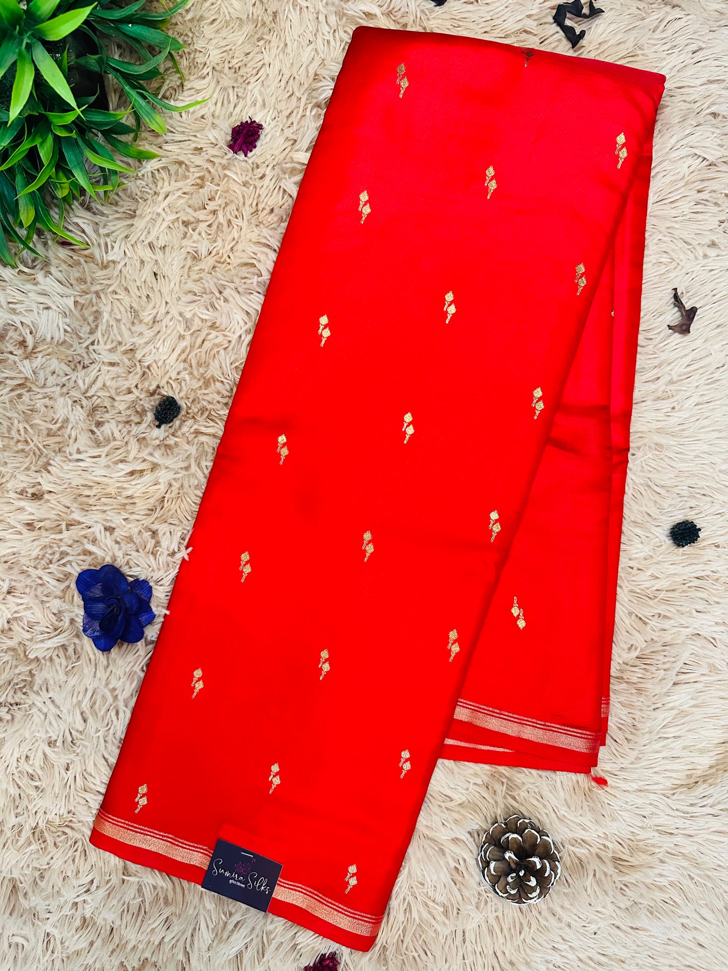 Bright Red Gajji Silk With Zari Buttis(Motifs) Saree