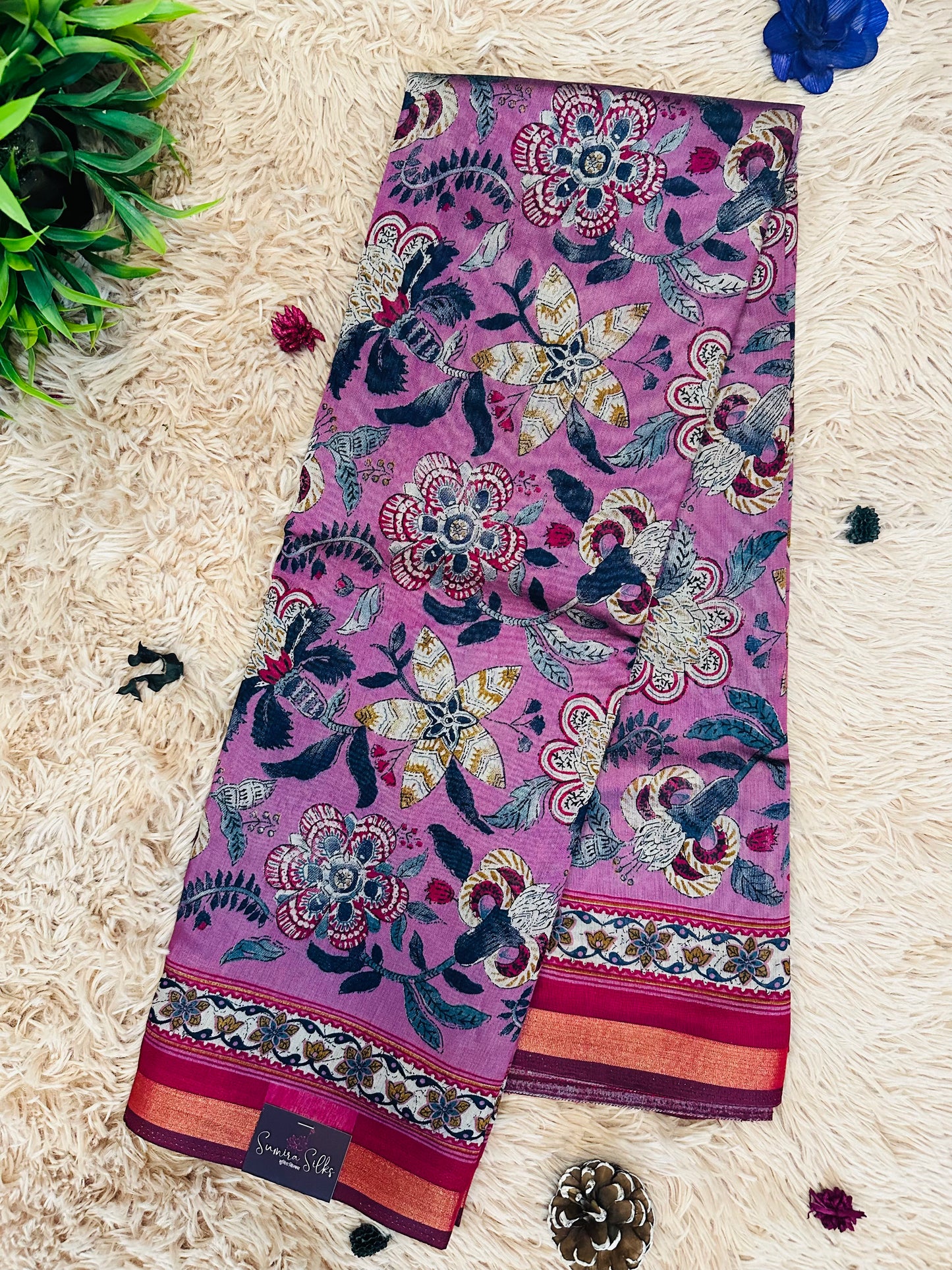 Magenta Pink Floral Maheshwari Silk Printed Saree with Zari Border