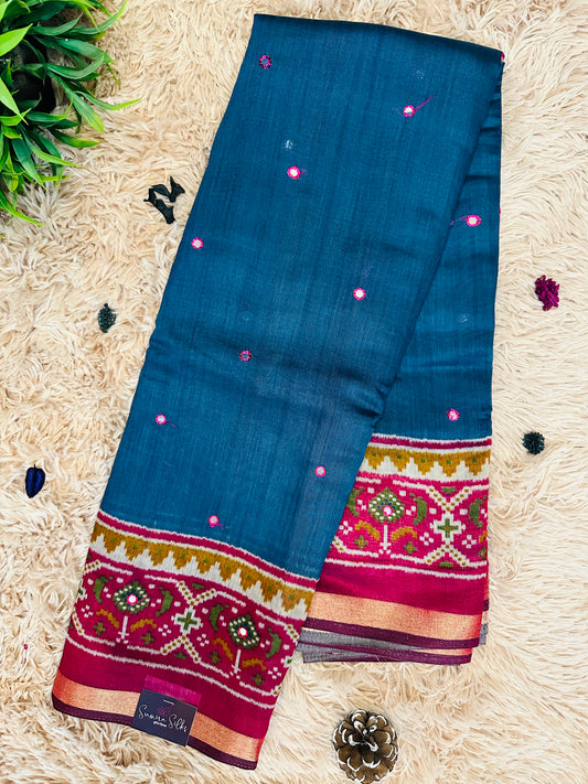 Navy Blue Floral Maheshwari Silk Printed Saree with Mirror Work and Zari Border