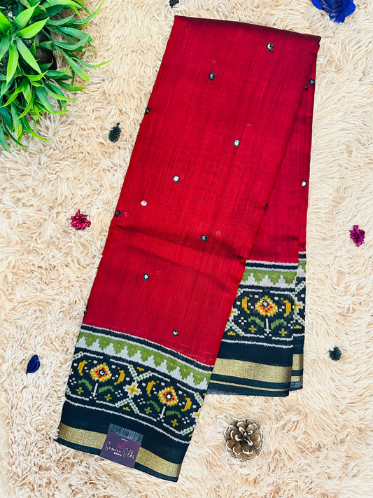 Maroon Floral Maheshwari Silk Printed Saree with Mirror Work and Zari Border